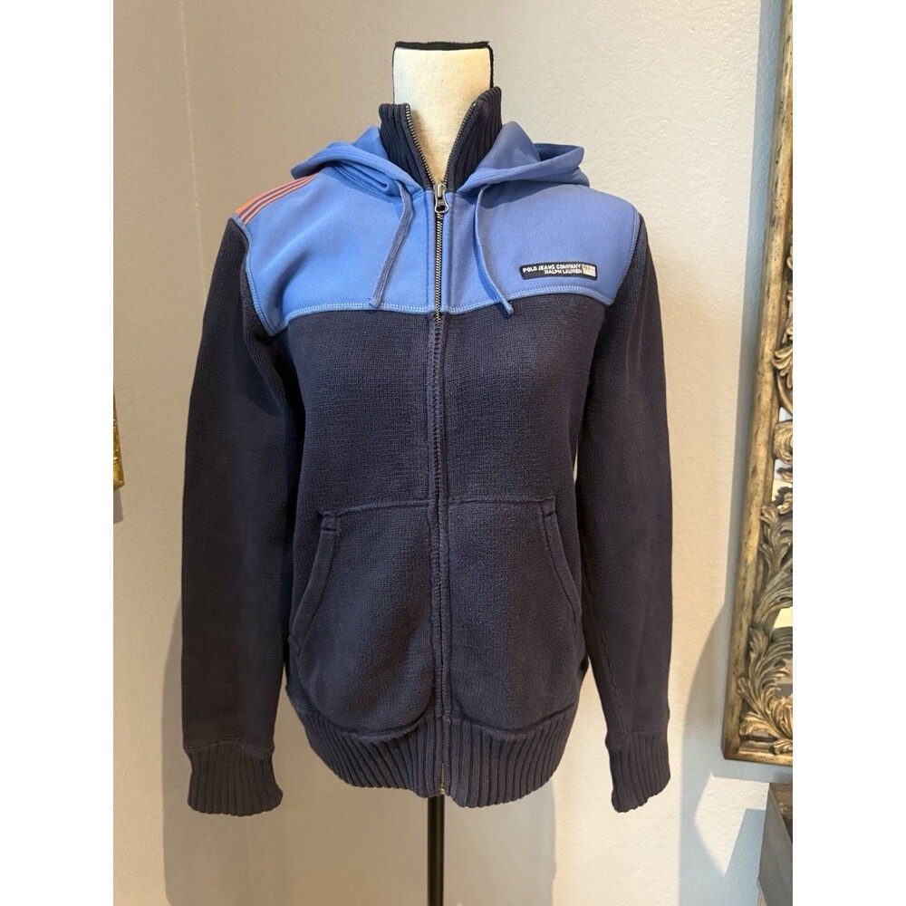 Vtg Polo Jeans RL67 Ralph Lauren Y2K Distressed Hoodie Zip Sweater Med Blue